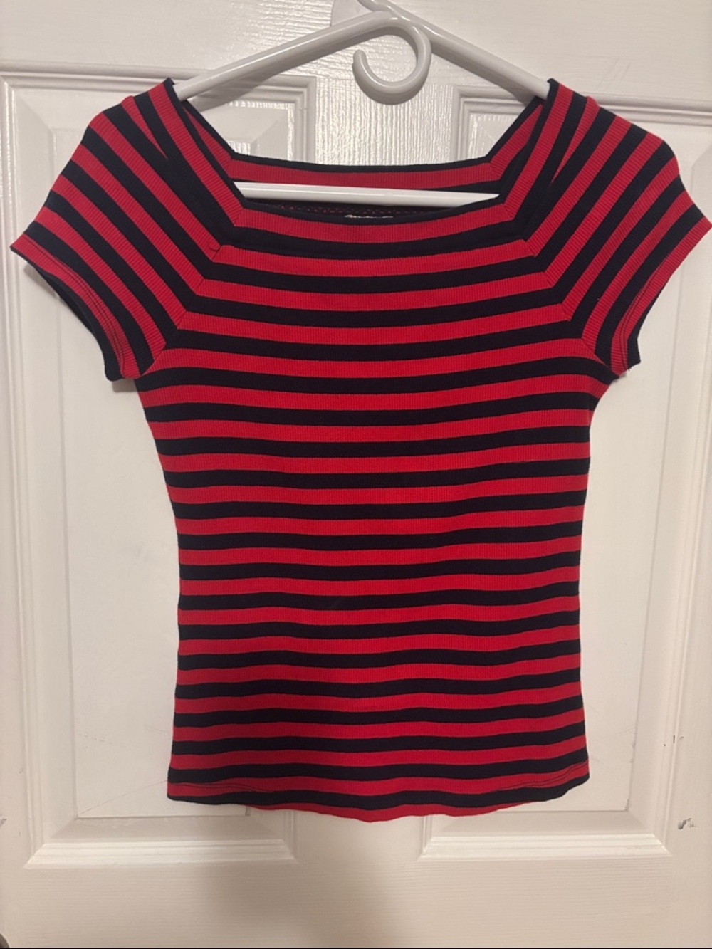 Anthropologie Red and Black Striped Short Sleeve Square Neck Top